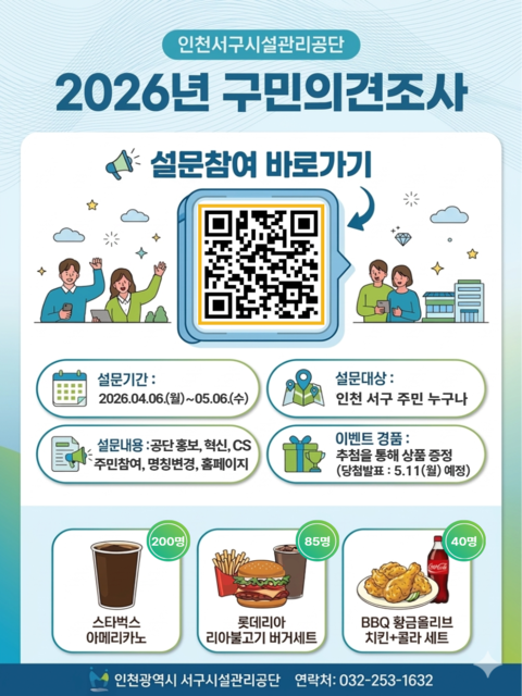 서구시설관리공단에 대한 인지도 및 혁신수준을 진단하고, 고객 소통 전략 마련, 주민참여 활성화, 홈페이지 만족도 조사 및 공단 명칭 변경에 대한 의견을 수렴하기 위해 실시됩니다.