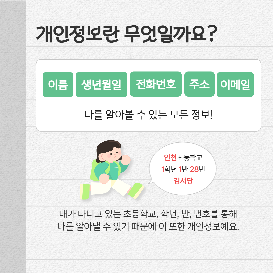 개인정보란 무엇일까요? 내가 다니고 있는 초등학교, 학년, 반, 번호를 통해 나를 알아낼 수 있기 때문애 이 또한 개인정보예요.