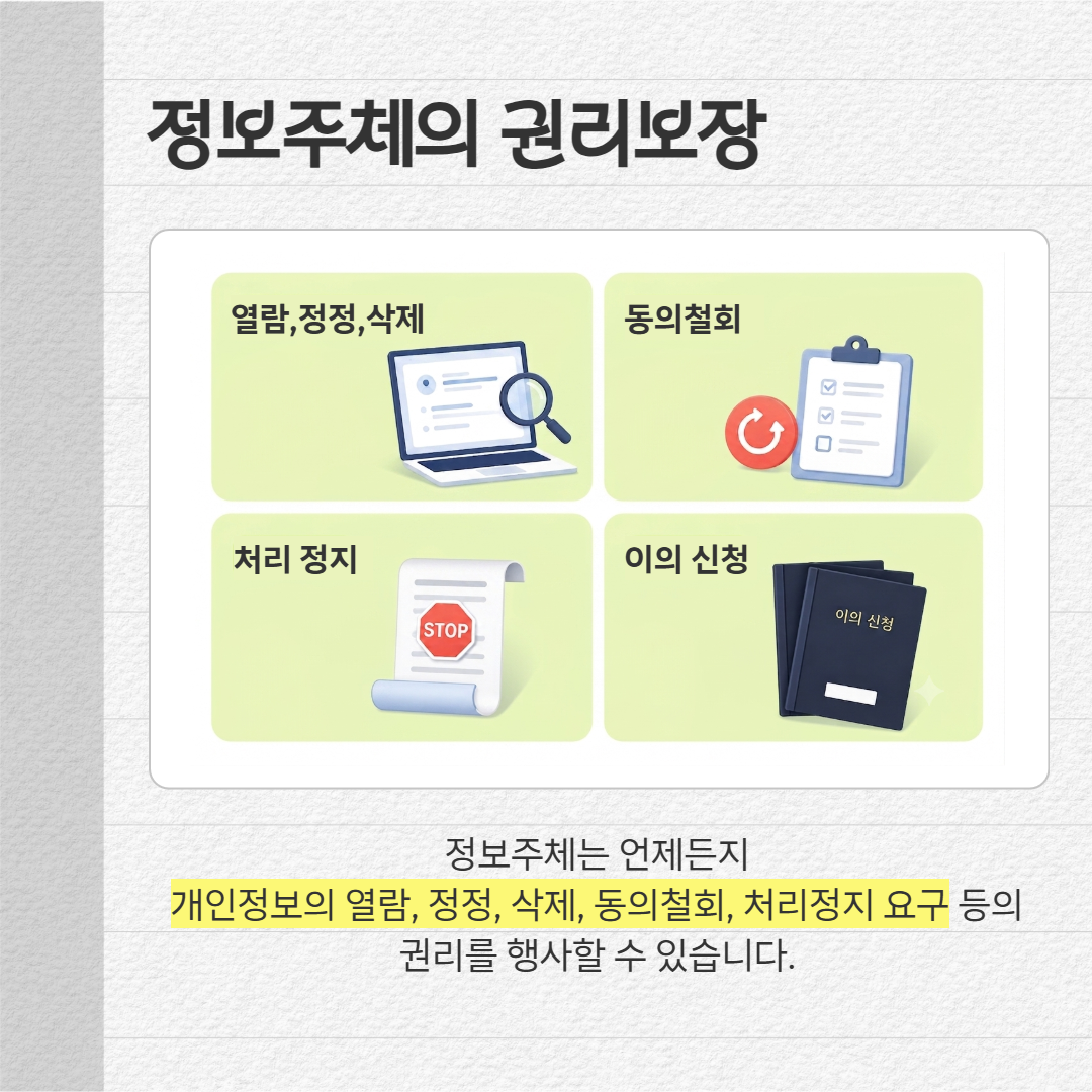 정보주체의 권리보장 : 정보주체는 언제든지 개인정보의 열람, 정정, 삭제, 동의철회, 처리정지 요구 등의 권리를 행사할 수 있습니다.